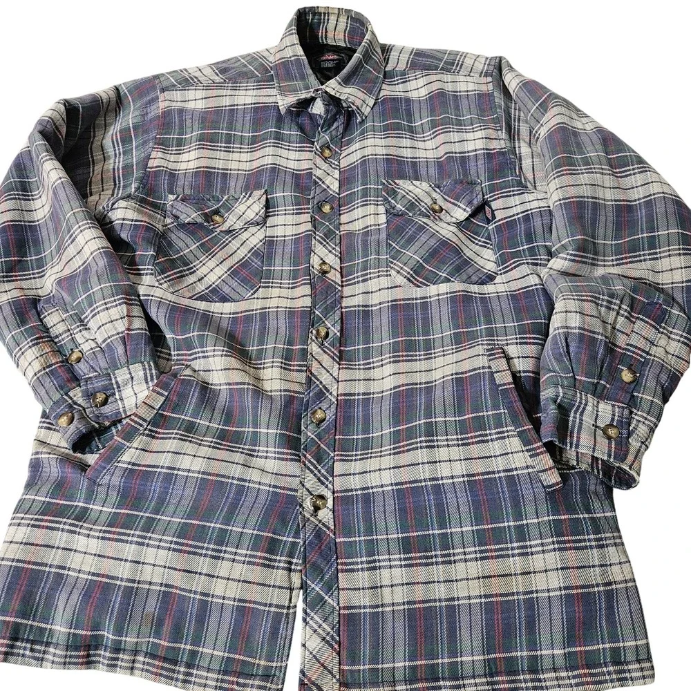 VTG Big Yank Flannel Shirt Jacket Mens XL Blue Plaid Quilt Button Chore Shacket